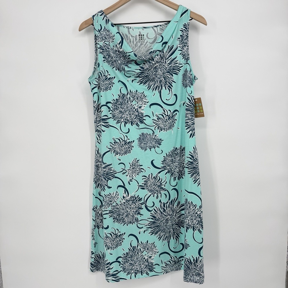 Title Nine Sz M Sleeveless Breeze Teal Dress Cowl Neck Floral Stretch Jersey